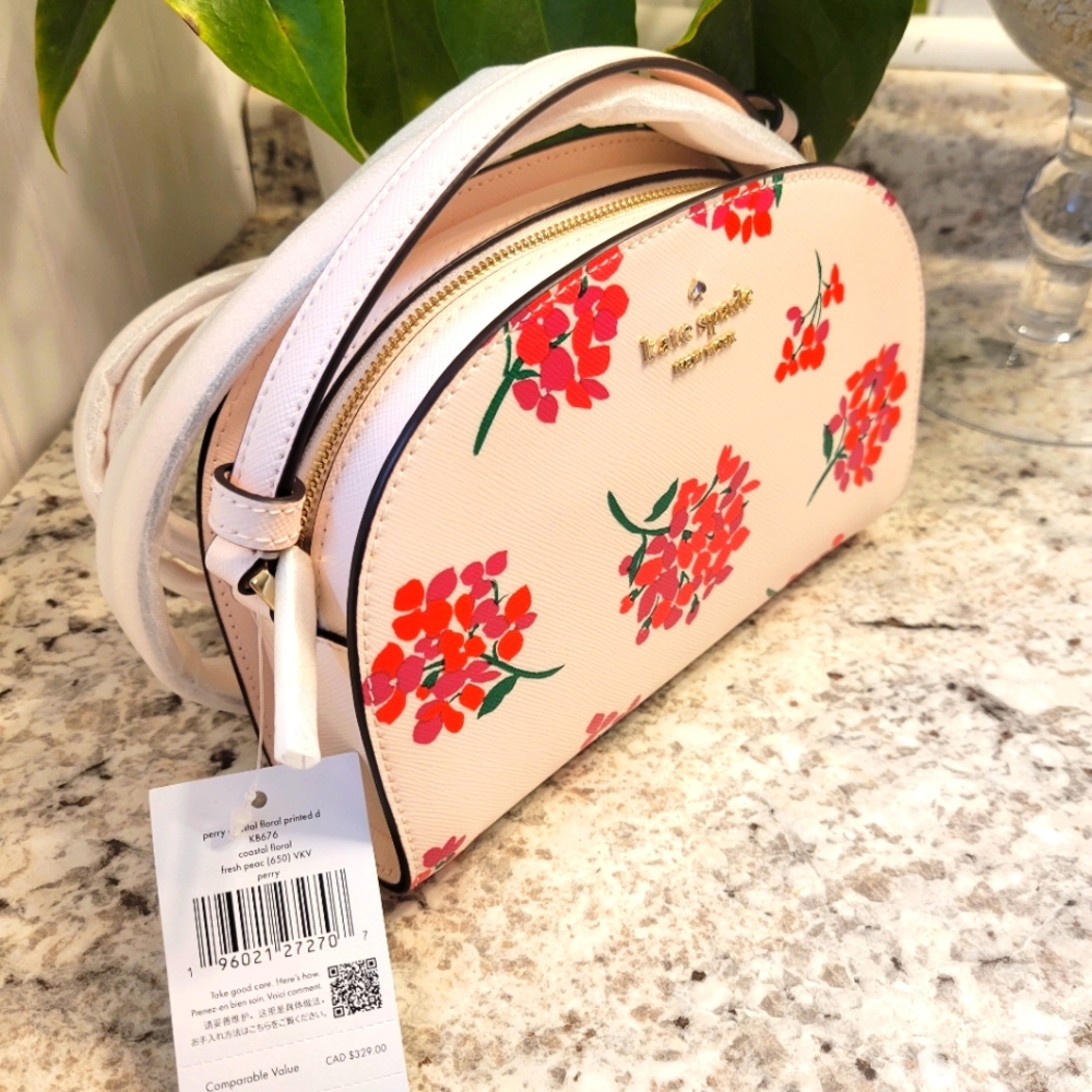 Kate Spade Perry Coastal Floral Leather Peach Dome Crossbody Bag K8676 $279